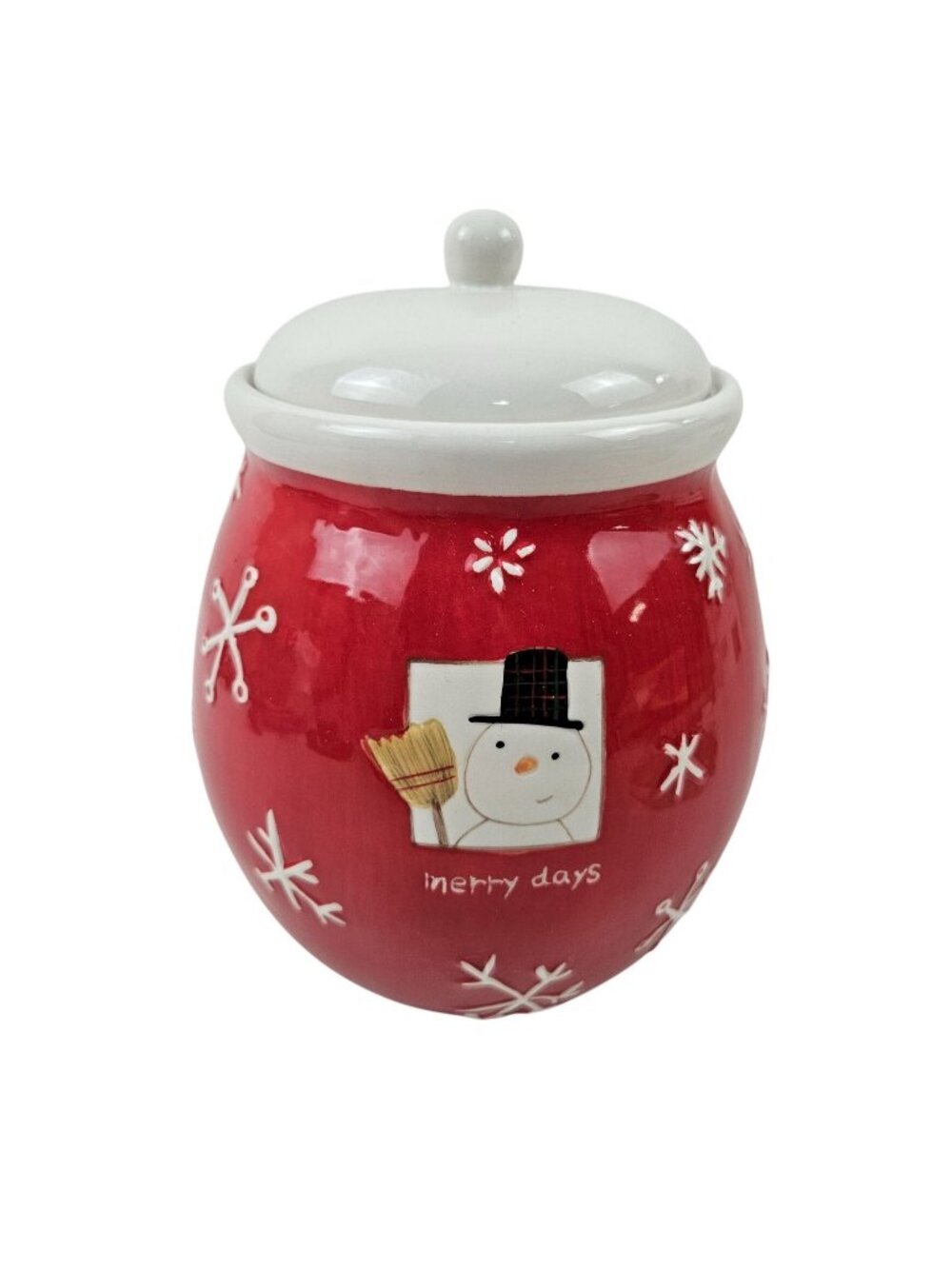 Hallmark Red Snowman Merry Days Ceramic Jar Lid Cookie Canister Christmas